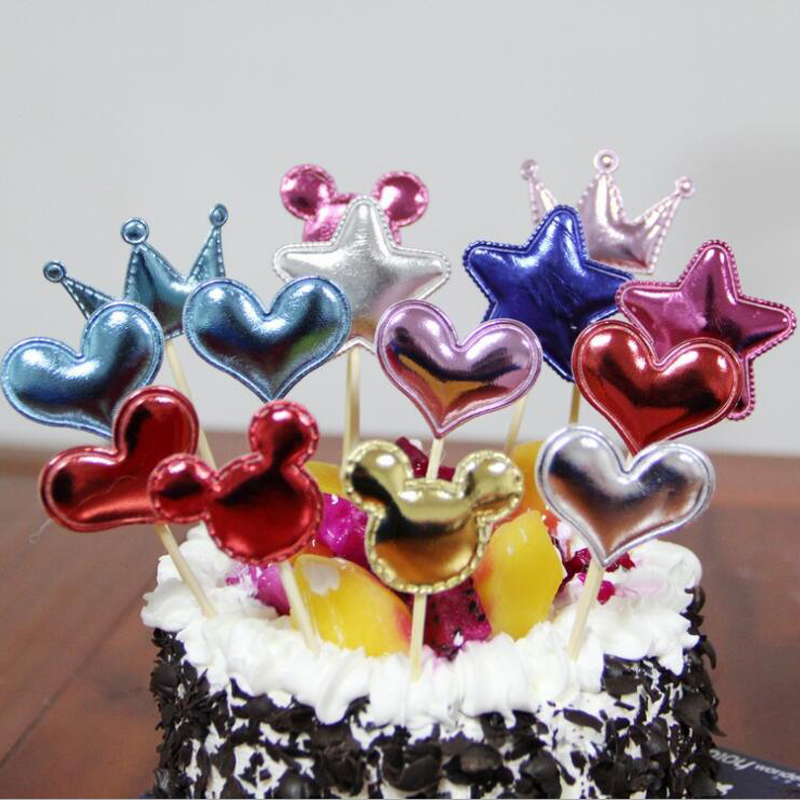 / coeur forme couronne étoile toppers toppers pu insert cartes avec cure-dent pour les cadeaux de fête d'anniversaire de mariage décorations de gâteau