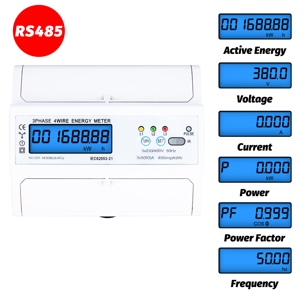 3 Phase 4 Wire RS485 Modbus 380V 80A DIN Rail Energy Meter Digital Backlight Power Factor Monitor with Voltage Current Display