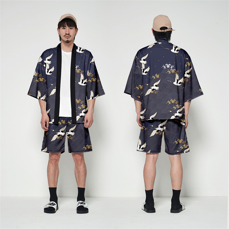 Two Piece Suit Japanese Jacket Men Cosplay Crane Print Yukata Red Kimono Shorts Traditionella asiatiska lapptäcken