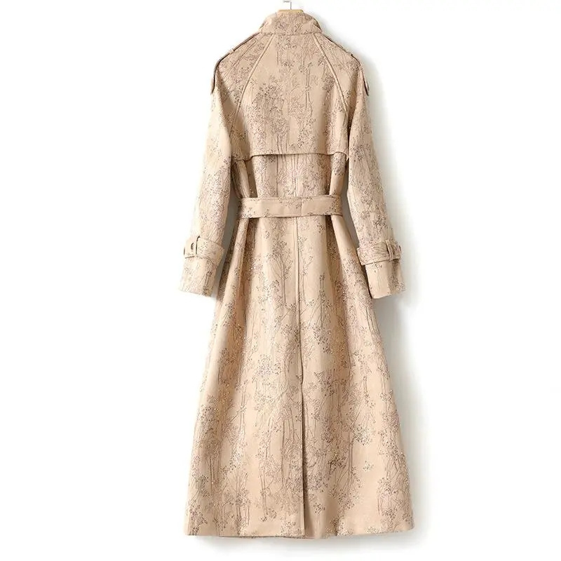 Printemps automne chamois en daim cape trench-coat trench trench women's longwear imprimeur qui brise la dame top à double poitrine de la ceinture jh296