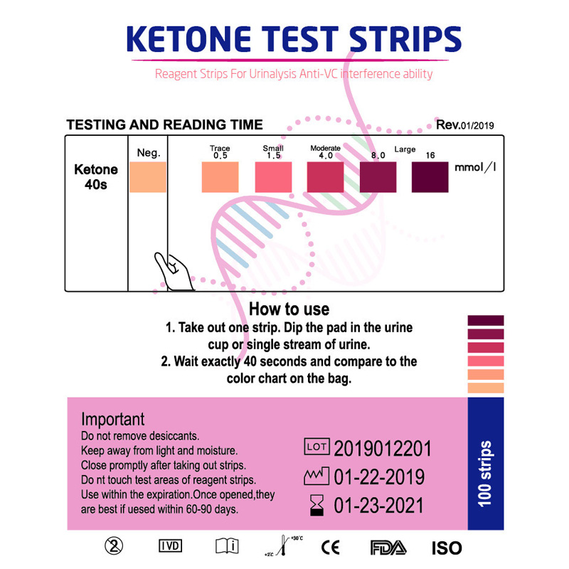 / sac URS-1k Brounds de test cétone Test de réactif urinaire anti-VC Analyse de la maison de cétose Analyse des bandes de test