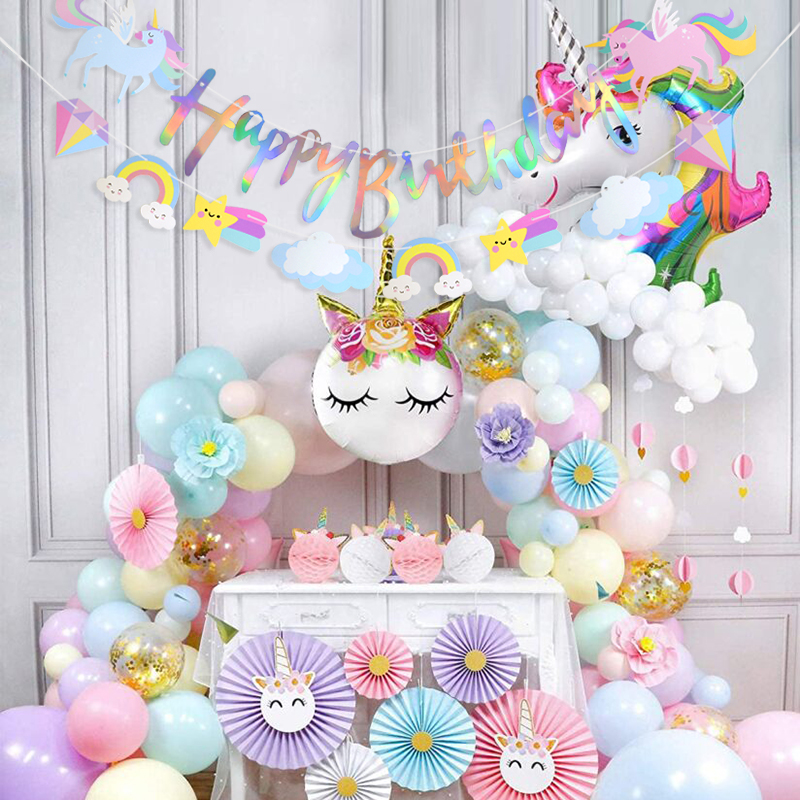 Unicorn Party Banner Happy Birthday Paper Garland Bunting For Unicorn Theme Kids 1st Baby Shower Birthday Party Decor Hang Flag