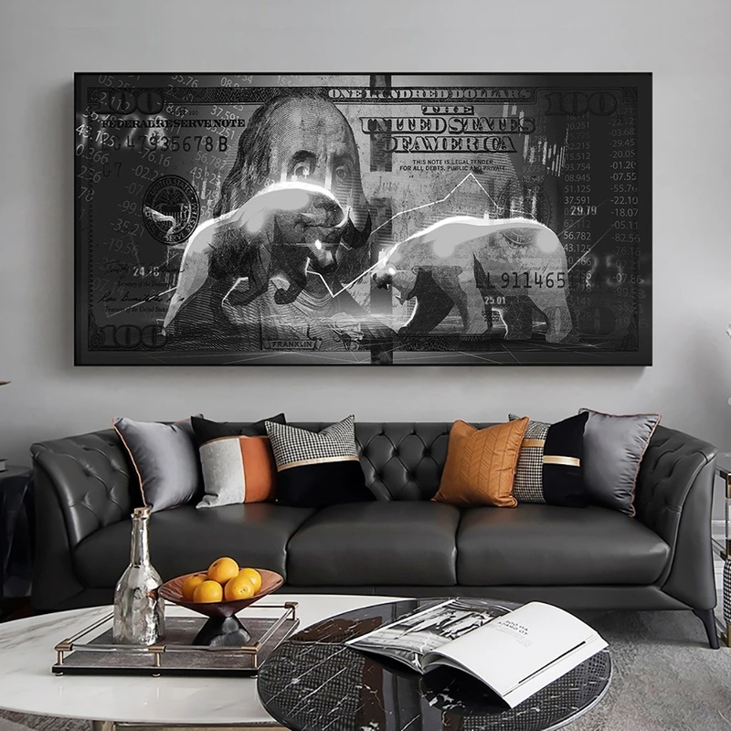 Wall Street laadt Bull Bear Canvas Paintings 100 Dollar Bill Money Poster Wall Art Picture Office Decor Stock Market Artwork