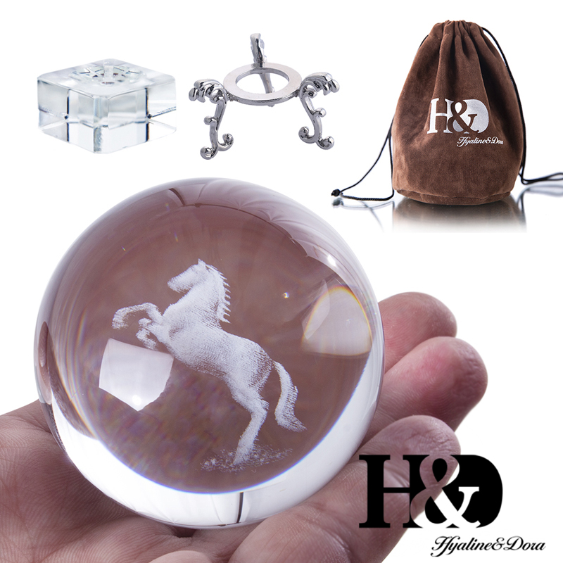 H&D 60mm 3D Laser Engraved Horse Healing Ball Quartz Spheres Wedding Xmas Gift Art Craft Paperweight with Glass & Metal Stand