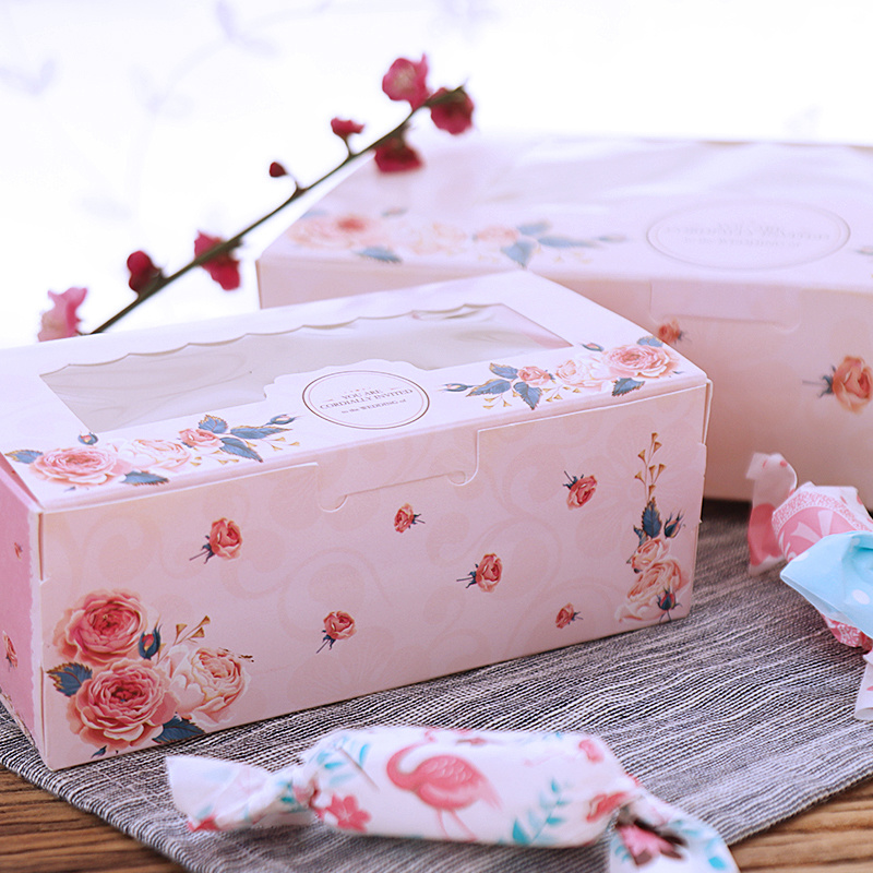 Behandlungskästen mit Fensteraufklebern Hochzeitsfeier Geschenk Pink Rose Bag Cake Food Verpackung Süßigkeiten Kekse Cupcake Pappe