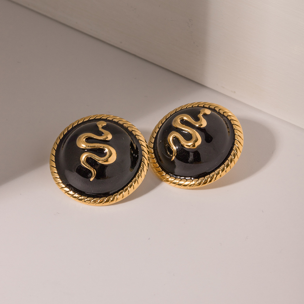 Designer Earrings for Women Plated 18k Gold Stainless Steel Black Dropped Oil Round Snake Relief Earrings Wholesale 