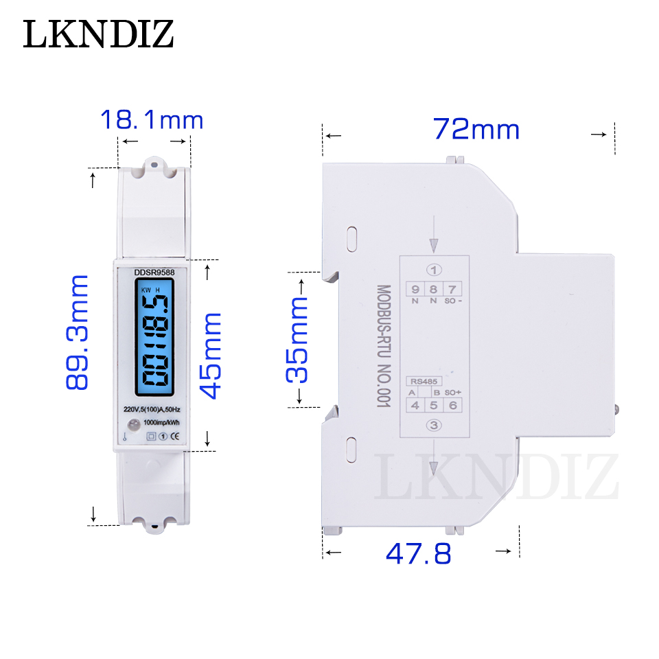 Multifunctional Digital Wattmeter Voltmeter Ammeter LCD Backlight Display DIN Rail KWH Meter AC 230V 5-100A RS485 Modbus-RTU