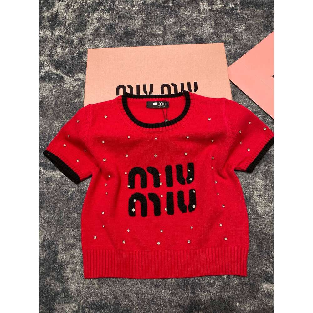 MM Family's New Full Nail Diamond Pullover Short Sleeve Sweater for Women's Towels Embroidered Letters Fashion Versatile Knitted Women