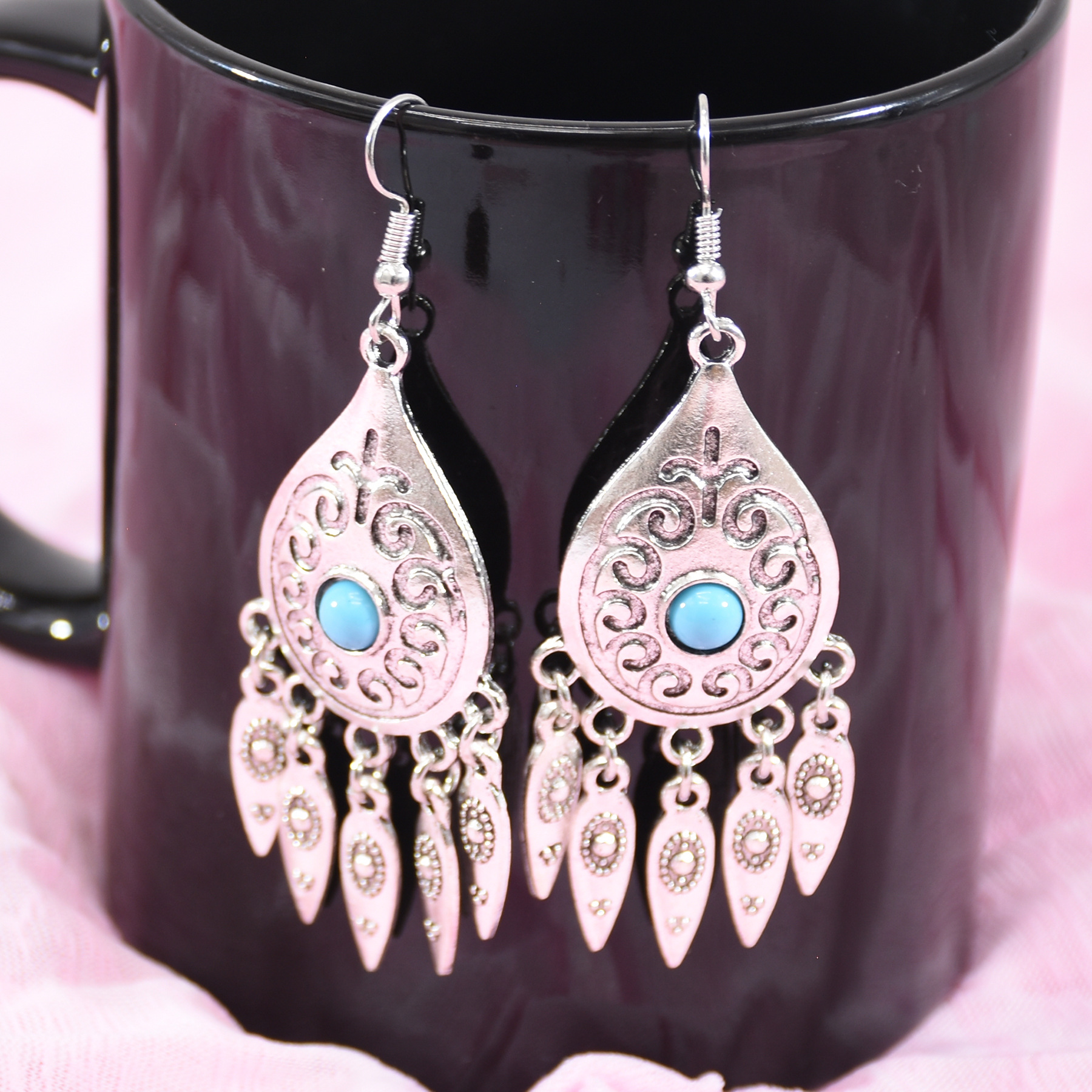 Gypsy Black Blue Stone Drop Earrings for Women Boho Vintage Alloy Long Tassel Earring kolczyki Indian Jhumka Jewelry Gift