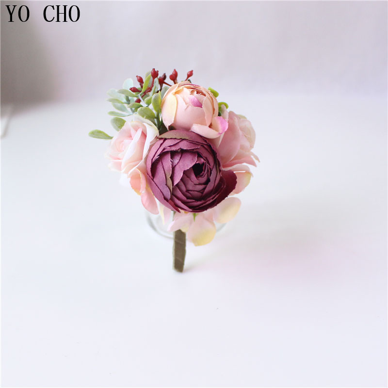 Yo Cho Corsages de poignet artificiel Silk Rose Flower Men Boutonniere Bride Wedding Chepirs Corsage Girl Bracelet Flower Groom Broo