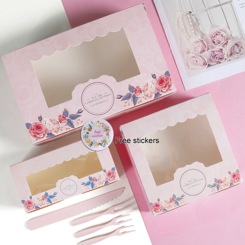 Behandlungskästen mit Fensteraufklebern Hochzeitsfeier Geschenk Pink Rose Bag Cake Food Verpackung Süßigkeiten Kekse Cupcake Pappe