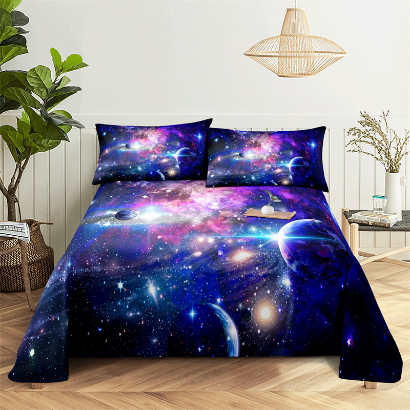 Blauwe kosmische sterrenhemel 0,9/1.2/1.5/1.8/2.0m beddengoed digitale print polyester bed platte vel met kussensloopafdruk beddengoedset