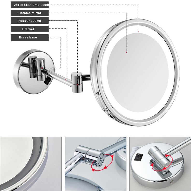 Espelho de níquel escovado espelho de qualidade de latão estende espelhos dobráveis espelhos do banheiro espelhos de maquiagem LED de ampliação montada na parede