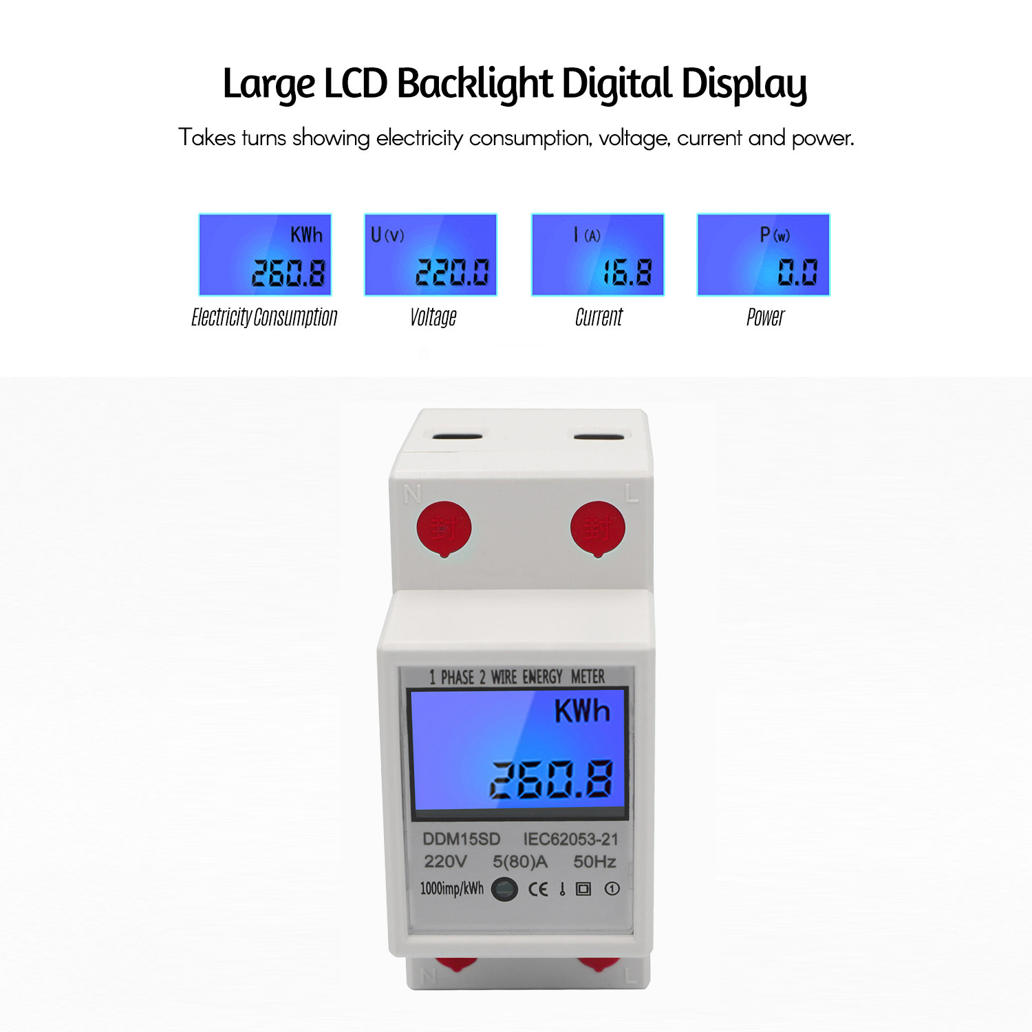 Single Phase DIN-Rail Energy Meter 5-80A 220V 50Hz Electronic KWh Meter with LCD Backlight Digital Display DDM15SD