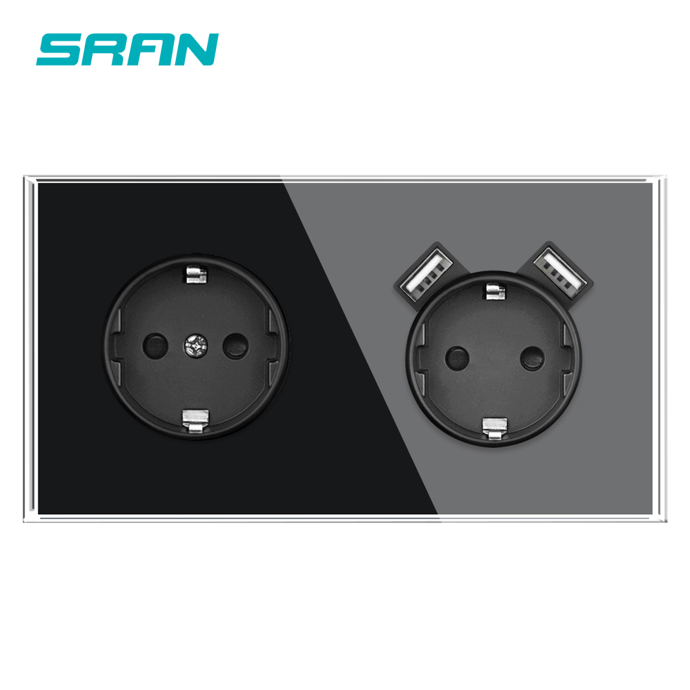 SRAN 153*82mm Dual EU Standard Electrical sockets, 2.1A Charging Port Usb wall socket 16A White Full Mirror Tempered Glass Panel