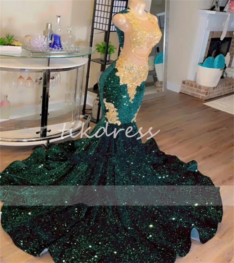 Luxury Green Mermaid Prom Dresses 2024 For Black Girls Golden Lace Appliques Beads Sequins Plus Size Evening Party Gown See Through African Formal Birthday Party