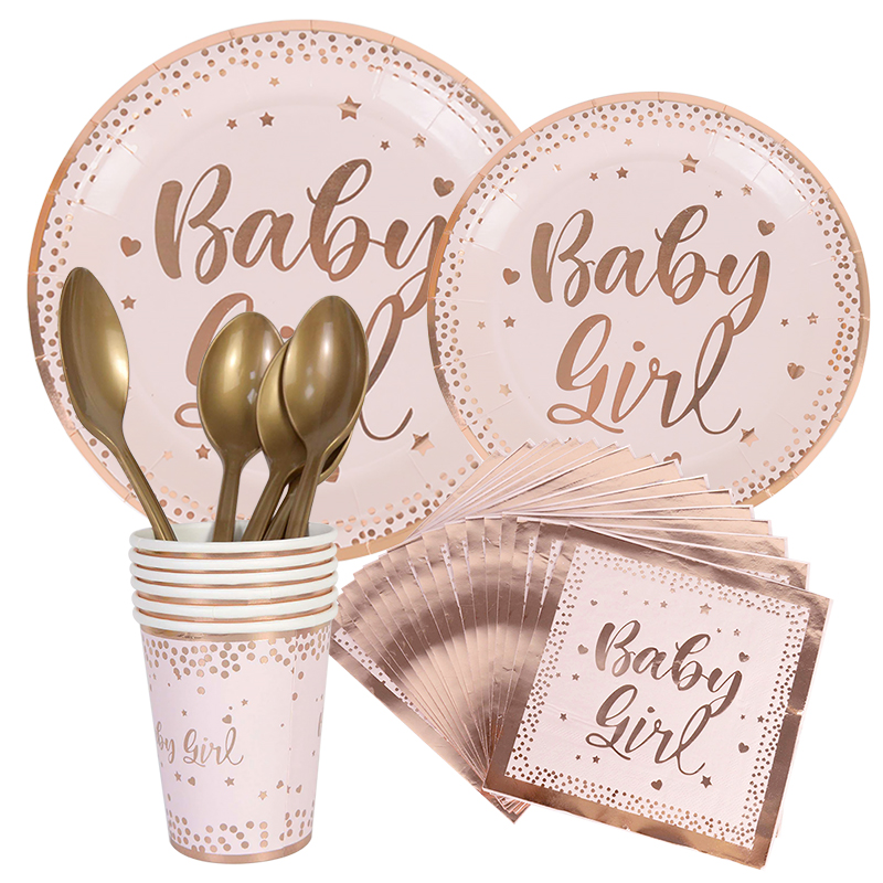 Rose Gold Baby Girl Drucken Herz Punkt Einweggeschirr Set Papierschalter Babyparty Geburtstagsfeier Dekoration