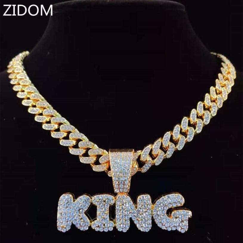 Men Hip Hop King Letters Pendants Collier avec 13 mm Miami Cubain Chaîne Iced Out Bling Hiphop Colliers Male Bijoux Male 2261