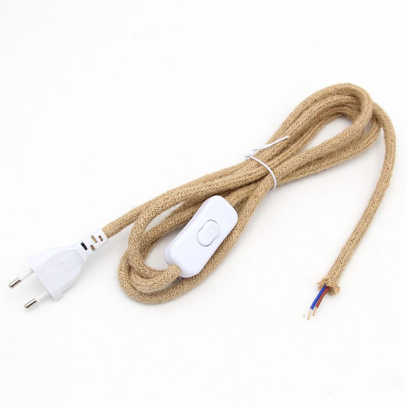 220V AC Euro Plug Power Cord Vintage Hemp Jute Rope Braided Covered With On/off Switch 2 Meters Long For Wall Lamp Cords Cable