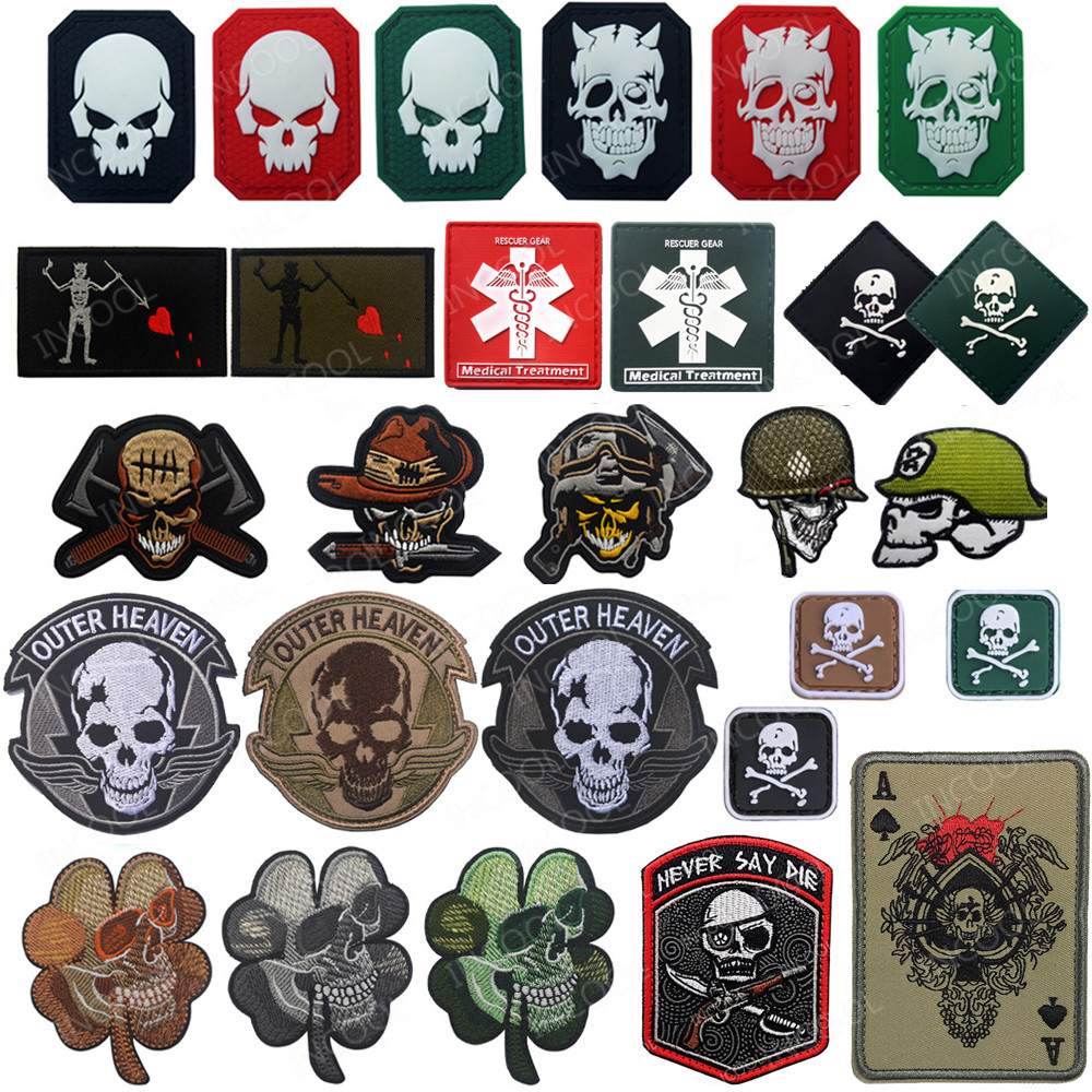 Dekorative gestickte Patch Tactical Skull Military Reflective Patch Embleme Gummi lustige Abzeichen Stickerei Motorradflecken