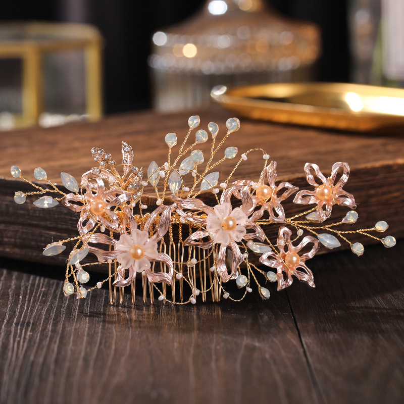 Flower Side Comb Alloy Hair Ornament Handmade Ancient Style Bridal Hair Piece Hair Accessories for Women and Girls TEN