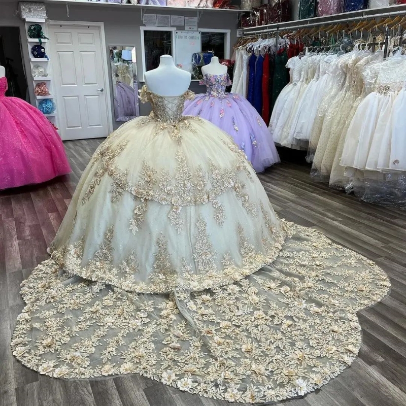 Champagne leggero fuori dalla spalla Fiori 3D 15 vestito Quinceanera 2024 Abito da ballo Abiti la principessa abito da occasione formale principessa