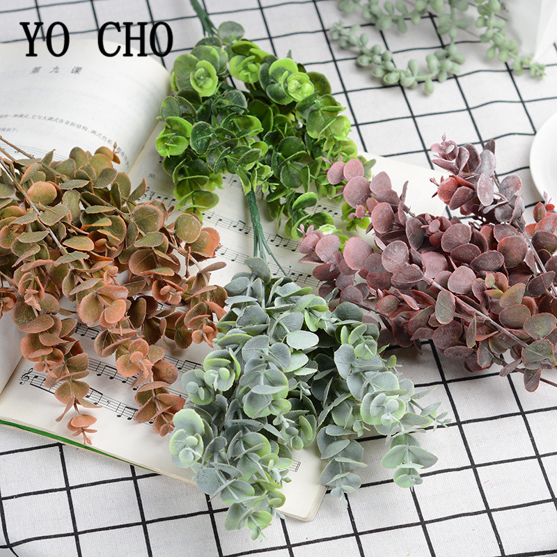 YO CHO Artificial Plant Eucalyptus Twigs Green Leaves Plastic Tree Branch Eucalyptus Leaves Wedding Decor Home Table Arrangement