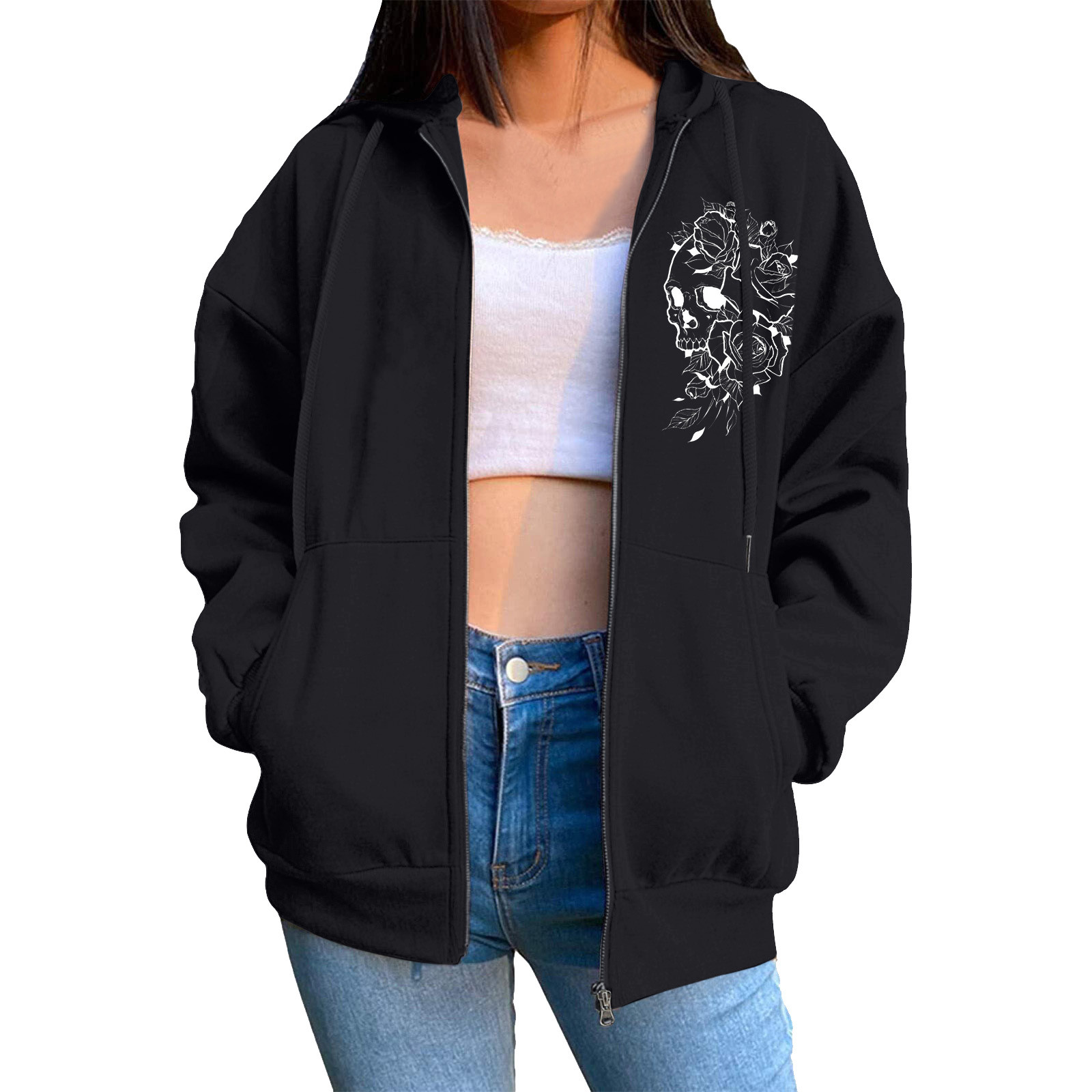 Kadınlar Gotik baskı kapüşonlu çekiliş ile zip cep uzun kollu ceket gevşek genç kızlar kadın hoodies sudadera mujer