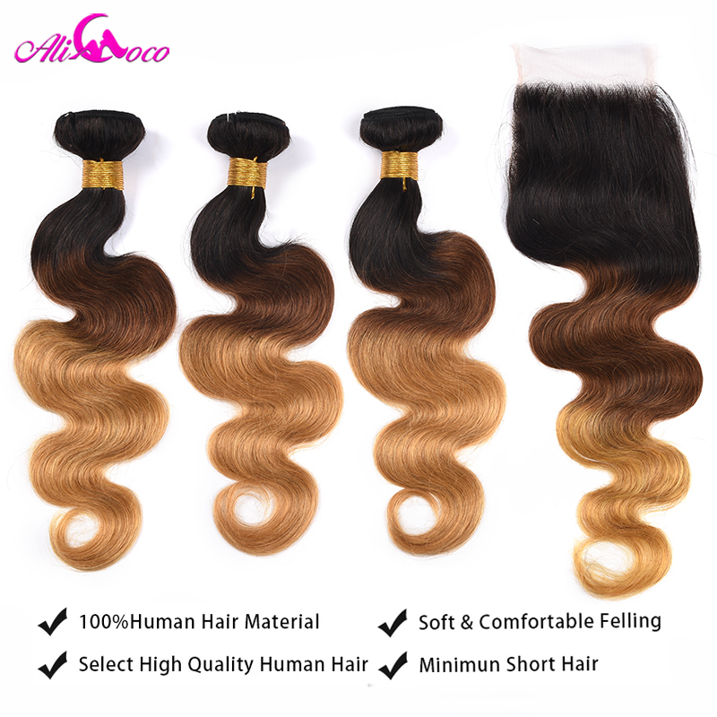 1B 4 27 Remy Ombre Human Hair Weave Pakiet z zamknięciem 4x4 5x5 wiązki z zamknięciem Brazylijskie wiązki fali ciała z zamknięciem