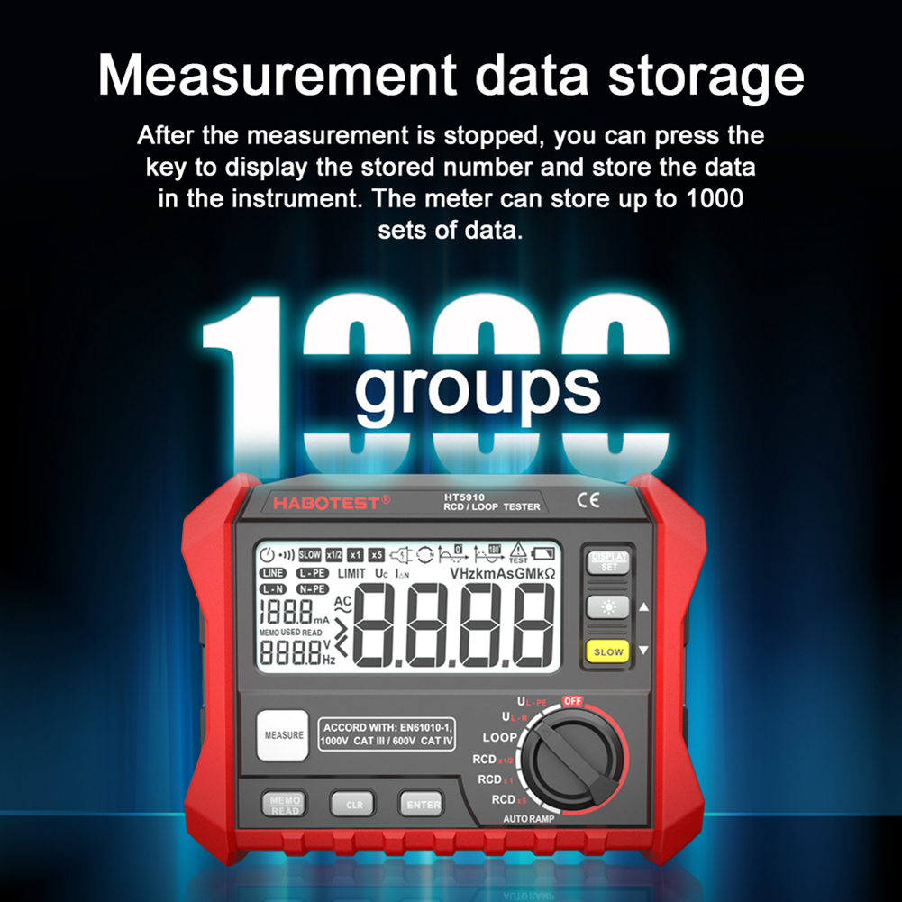 Habotest HT5910 Digital Resistenza Testa di perdita di perdita Tester LCD RCD/LOOP Tester 1000 Dati Archiviazione Voltmetro multimetro