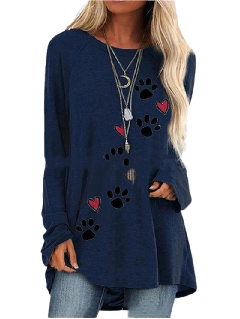 Automne Femmes Casual Dog Paw Imprimé blancs longs longs T-shirts en vrac