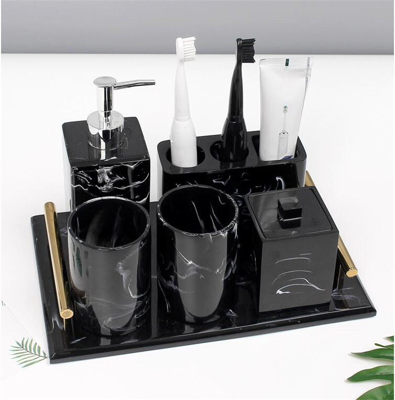 Badkamer accessoires set hars bad toilet soap dispenser/dish tandenborstel houder/rek gorggordelbeker marmering bruiloft geschenken 5-'s