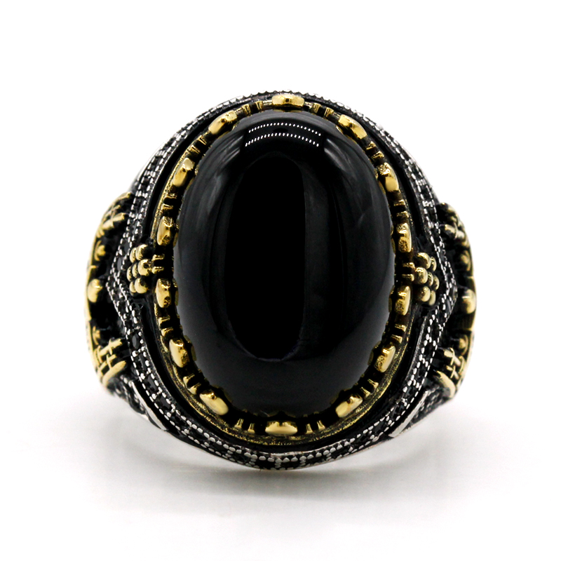 New Black Natural Agate Stone Ring 925 Real Silver Men's Ring Castle Turkey Constantinople Vintage Signet Ring Gift Wedding Luck