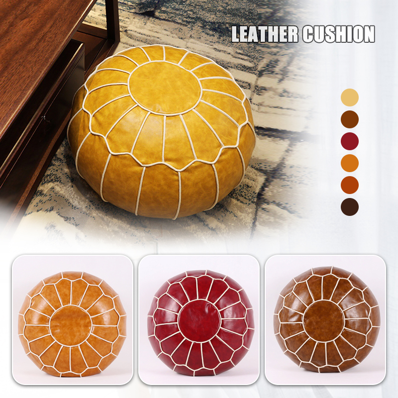 Moroccan PU Leather Pouf Embroider Craft Ottoman Home Modern Footstool Round 55*35cm Artificial Leather Unstuffed Cushion