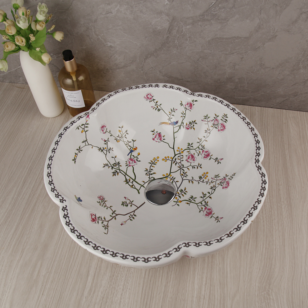 Torayvino Art Ceramic Basin Clower Bird Washbasin Basin Basin раковина вращается с антикварным латунным смесителем