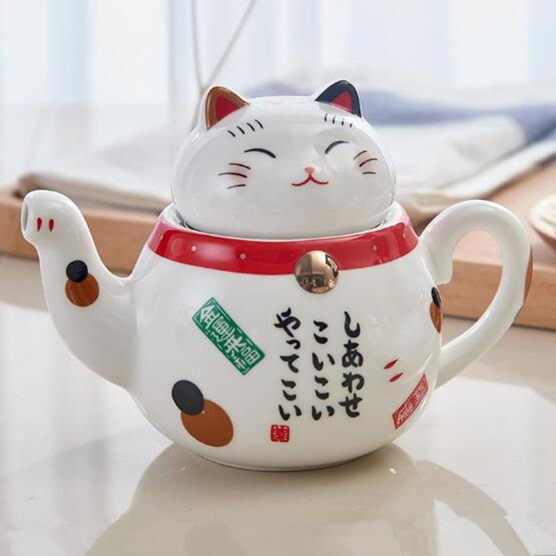 Japanische glückliche Katze Porzellan Tee -Set kreative Glückskatze Keramik Tee Tasse Topf mit Sieb Schöne Plutus süße Katzen -Teekanne Becher
