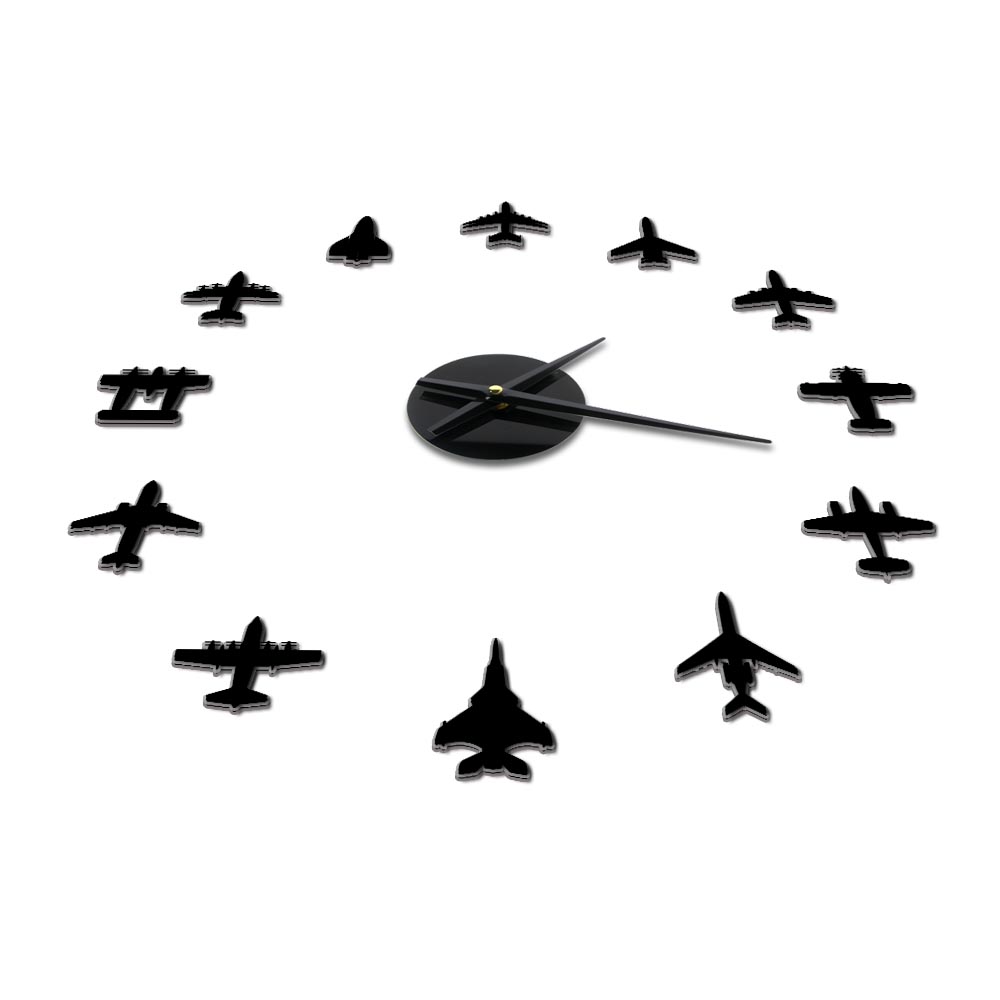 飛行機戦闘機モダンDIYジャイアントウォールクロックアクリルミラーステッカー飛行機壁時計飛行士パイロットホームデコレーション