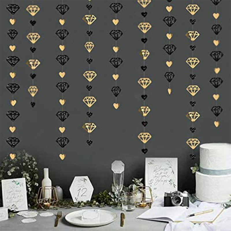 13ft Metallic Paper Black Gold Diamond Herz Liebe Girlanden Hängende Banner für Verlobung Bachelorette Geburtstagsfeier Dekorationen