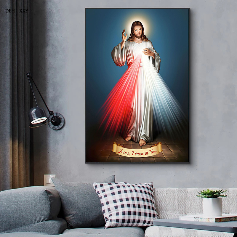 Vintage gloeiende Jezus Christus Poster Jezus, ik vertrouw op je qoutes canvas schilderen schilderen katholieke christelijke woonkamer thuis decor muurschildering