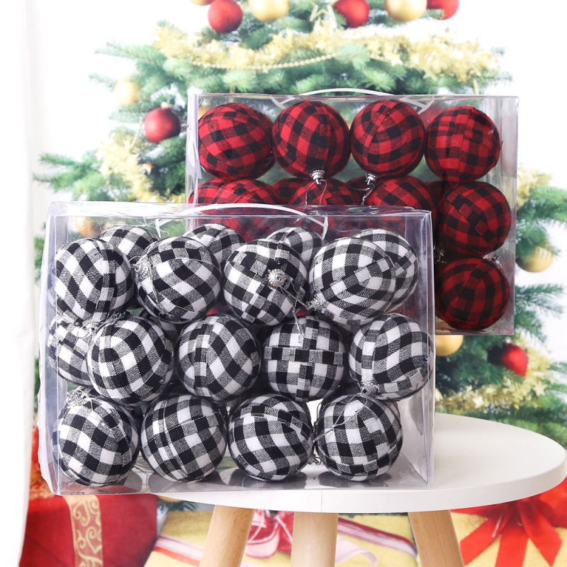 /conjunto 7cm Bolas de Natal Decorações de árvore de Natal Decoração de ornamento de bola de pó de grade em pó preto e branco