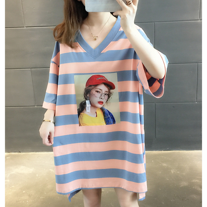 スポットマタニティ服Tシャツ夏短袖のミッドレングスストライプVネックルーズラージサイズ妊婦Tシャツトップ女性