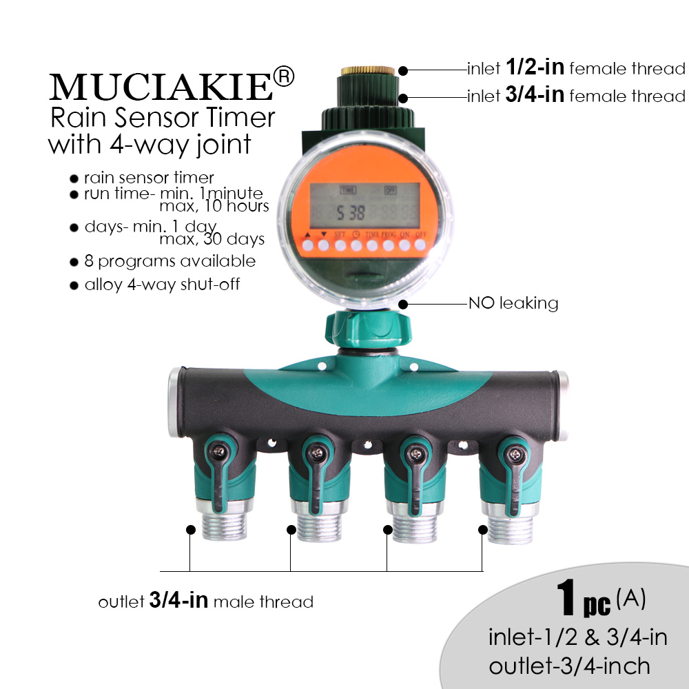 MUCIAKIE Automatisk Rain Sensor Water Timer Eloy 4-Way Stäng av elektronisk LED Display Garden Watering Controller Irrigation