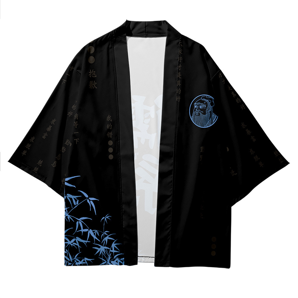 Traditionelle Männer Schwarzer Druck Kimono und Hose Set Women Yukata Haori Asian Kleidung Kimono Strickjacke Hemd