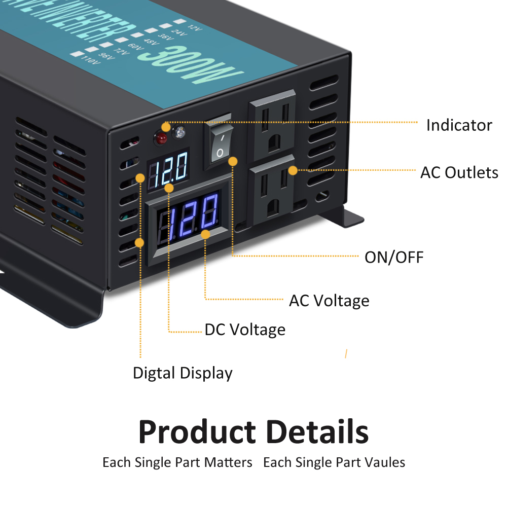 Onduleur d'énergie solaire à onde sinusoïdale Pure 300W 24V 220V Générateur d'éoliennes Invertisseur DC à AC Convertisseur 12V / 24V / 48V à 110V / 120V / 230V / 240V