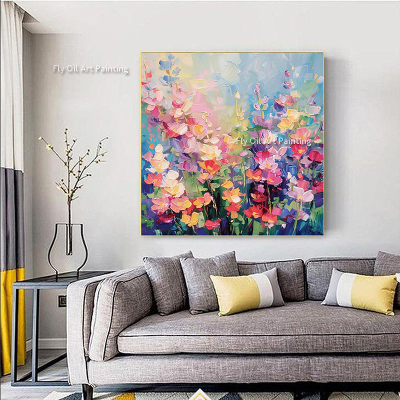 Abstrakt färgglad blommig väggkonstdekor rosa blommor oljemålning impressionism för vardagsrum hem abstrakt canvas målning handgjorda moderna konstverk