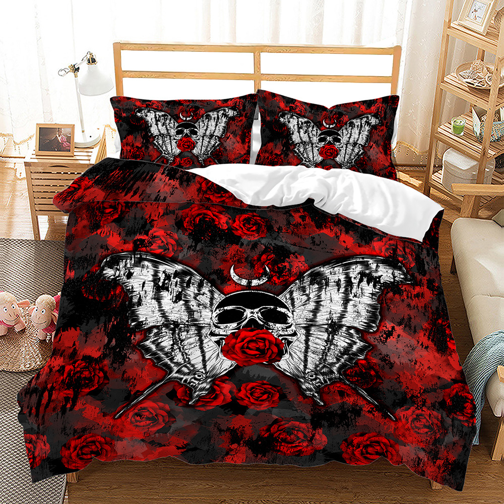 Skull Däcke Cover Set Butterfly Pattern Dark Purple Bakgrund King Queen Size For Kids Boys Girls Bedding Set med kuddar