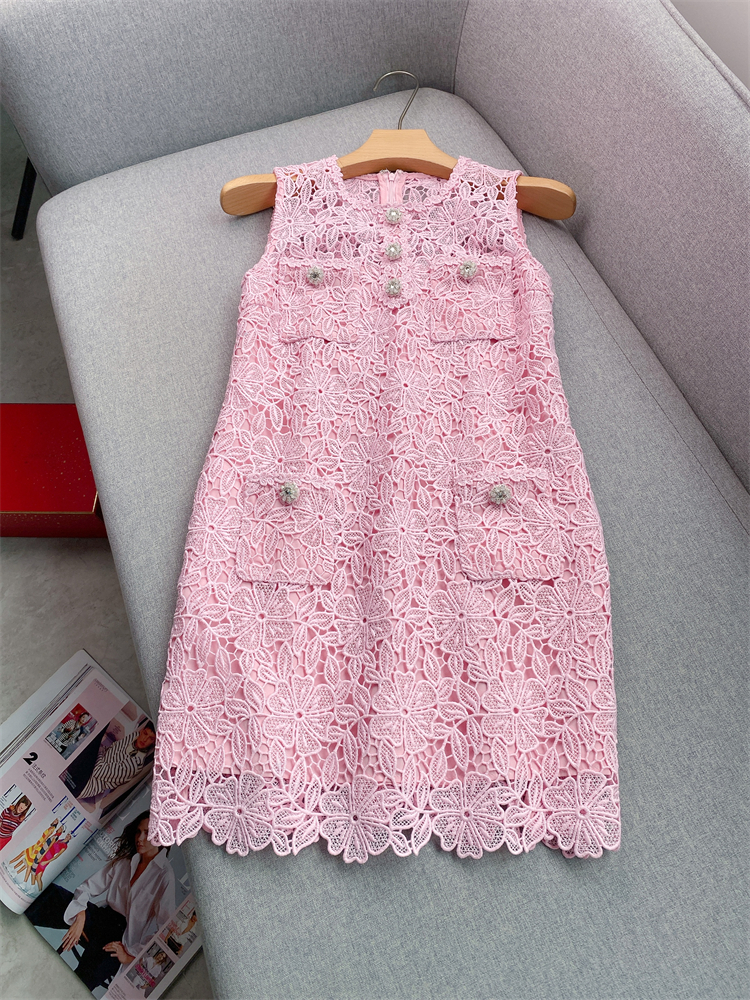 Spring Summer Pink Floral Print Panelled Lace Dress Sleeveless Round Neck Double Pockets Short Casual Dresses G4A10