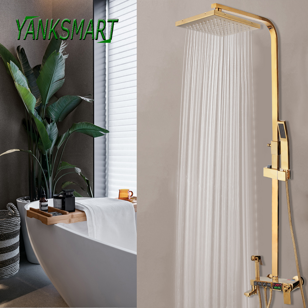 Yanksmart Duschsystem Badrum LED Digital dusch Set Wall Mount Smart Thermostatic Bath Faucet Square Head Spa Rainfall Grifo