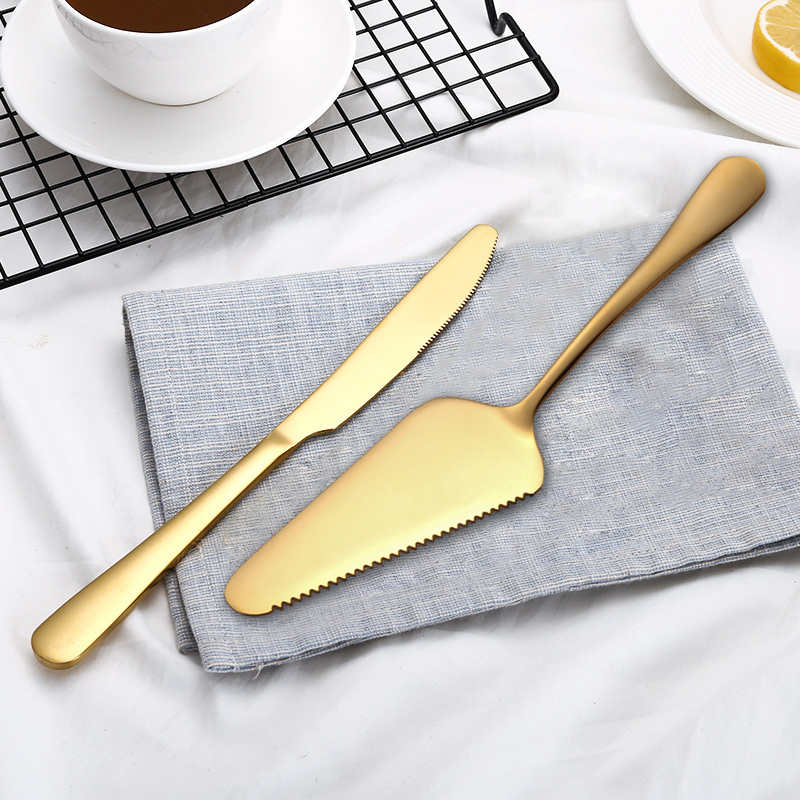 Couteau de gâteau de mariage et serveur Set Gold plaqué Spatula Pêne d'anniversaire Dîne de fête pour pizza Pizza Cutter 9 ''