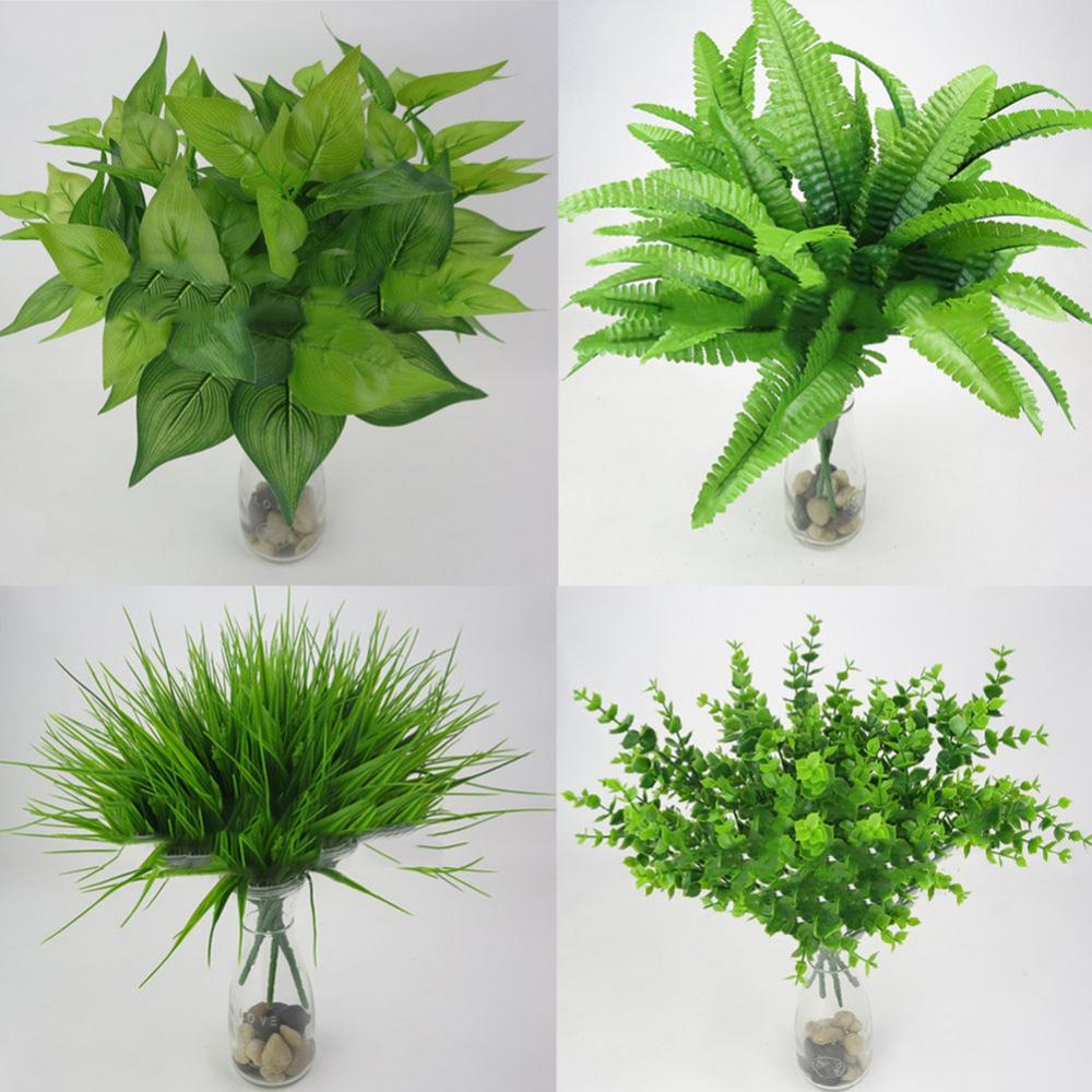 Plantas artificiais eucalipto grama plástico samambaias verdes folhas de flores falsas plantas de casamento decoração de casa folhagem falsa folhagem arbusta decoração